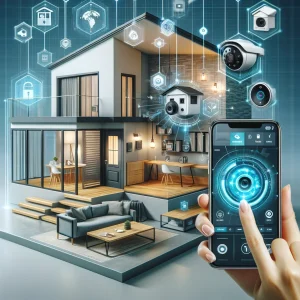 DALL·E 2024 05 26 13.18.58 A modern smart home equipped with advanced security systems including AI powered cameras biometric locks and IoT devices being controlled via smartp