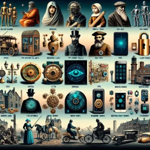 DALL·E 2024 05 26 13.19.05 A comprehensive collage showcasing the evolution of security systems from ancient times to the modern era. Include ancient guards medieval locks 19t